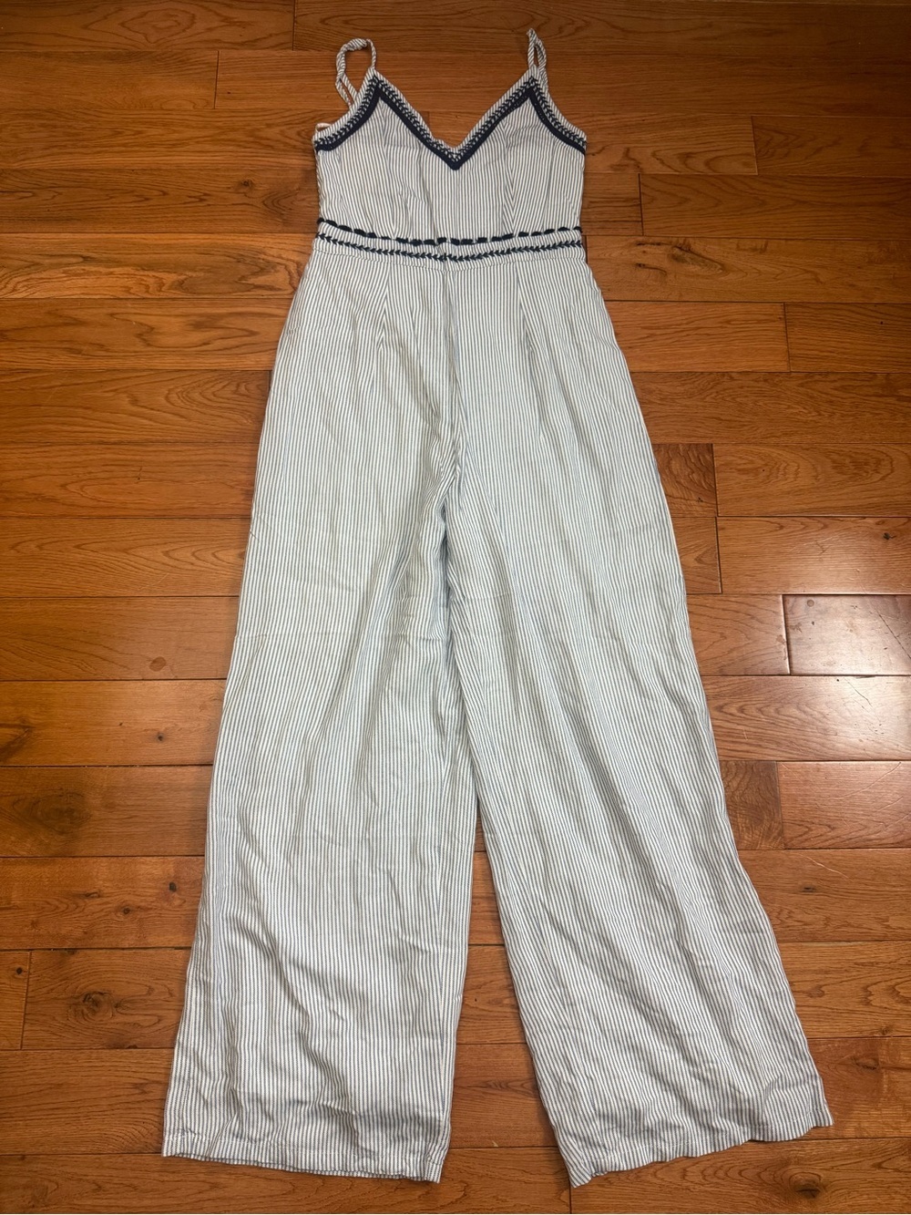 Japna Blue/White Striped Embroidered Wide-leg Jumpsuit